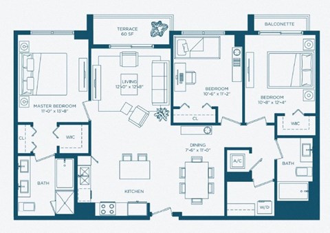 Floor plan for 3 beds, 2 baths, 1380 sqft